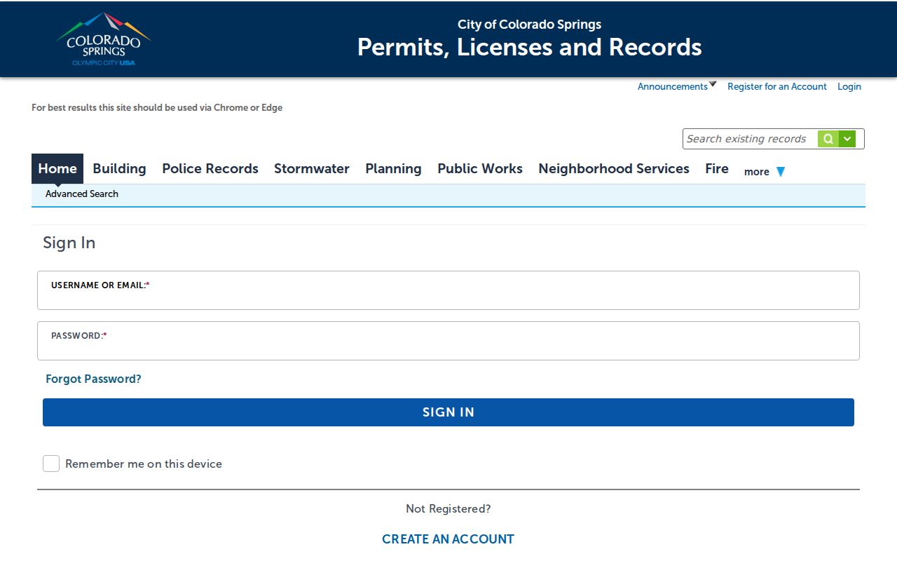 Colorado Springs criminal history Accela request screen