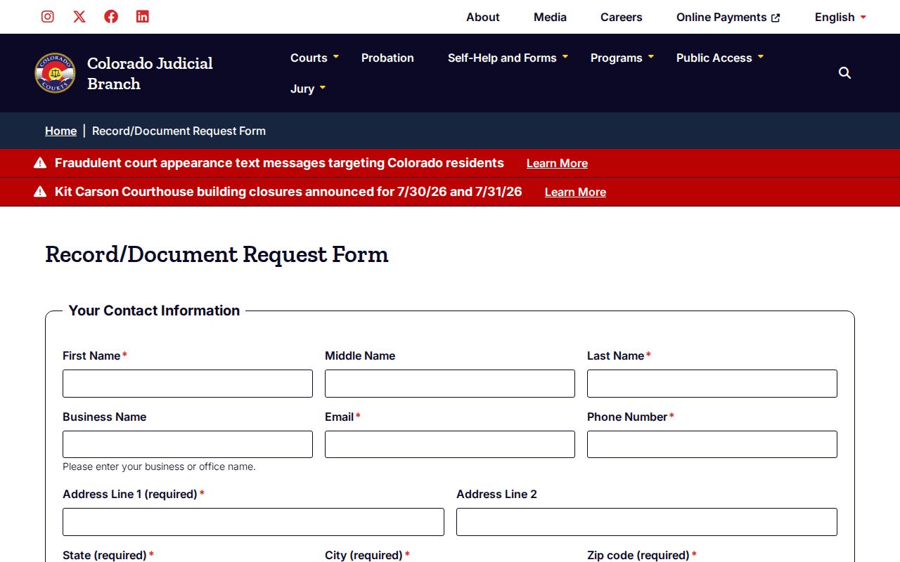 El Paso County criminal court case record request form