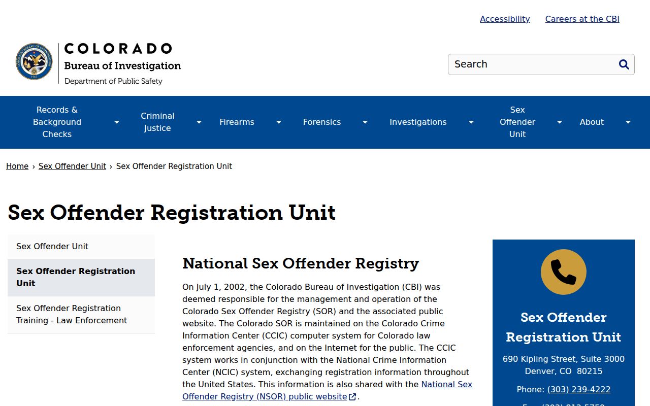 Colorado Bureau of Investigation sex offender registration unit page