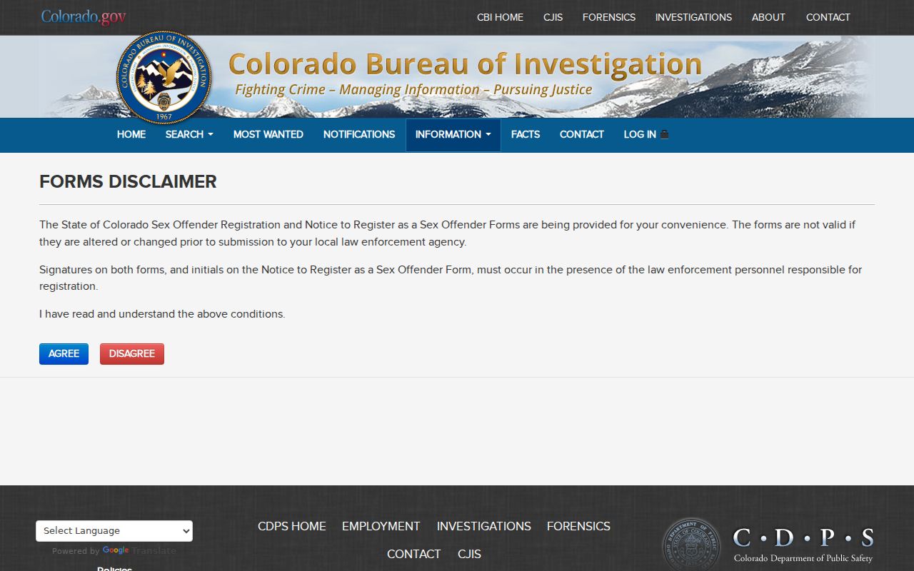 Colorado sex offender registry forms page