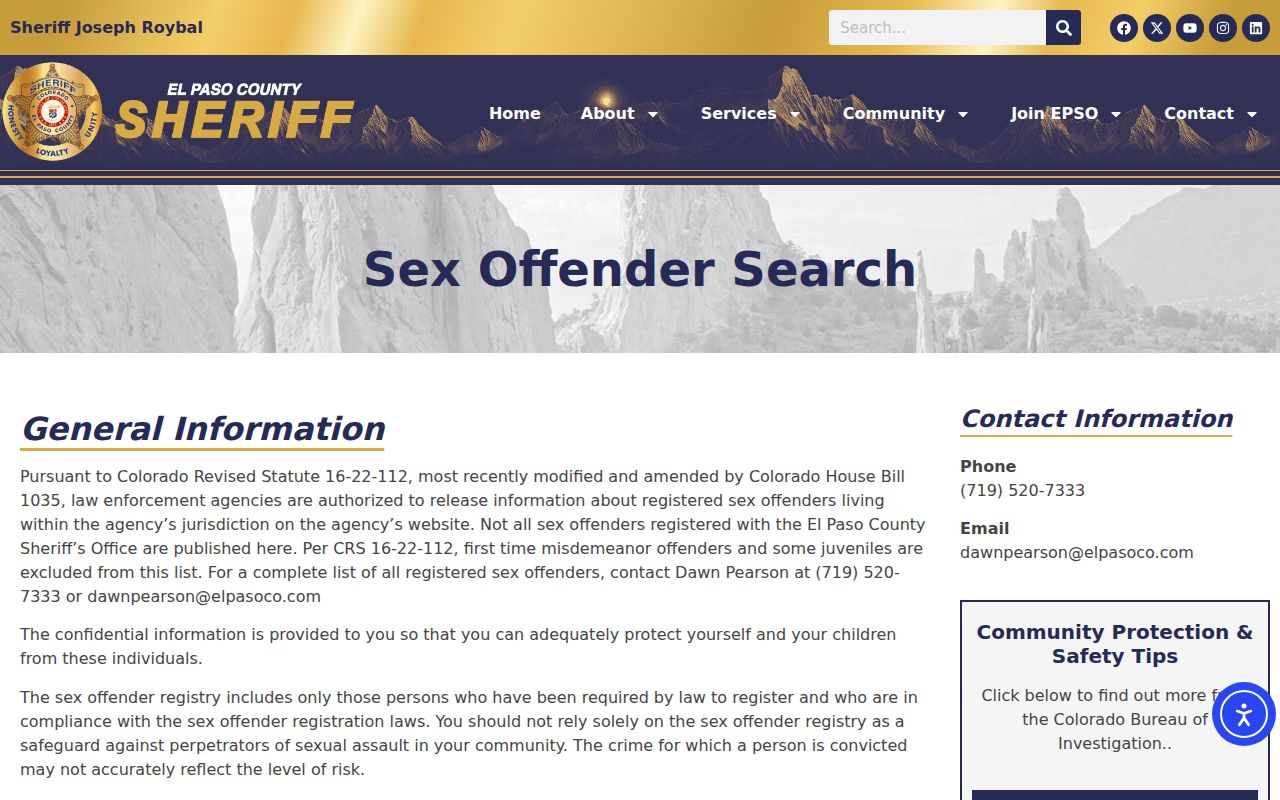 El Paso County Sheriff sex offender search page